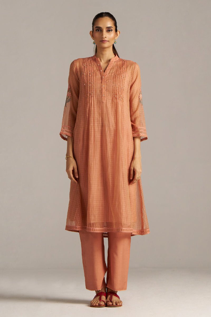 Canyon Clay Woven Chanderi Checks Co-ord Set