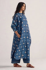 right side view Morroccan Blue Anar Print Mul-Chanderi Co-ord Set