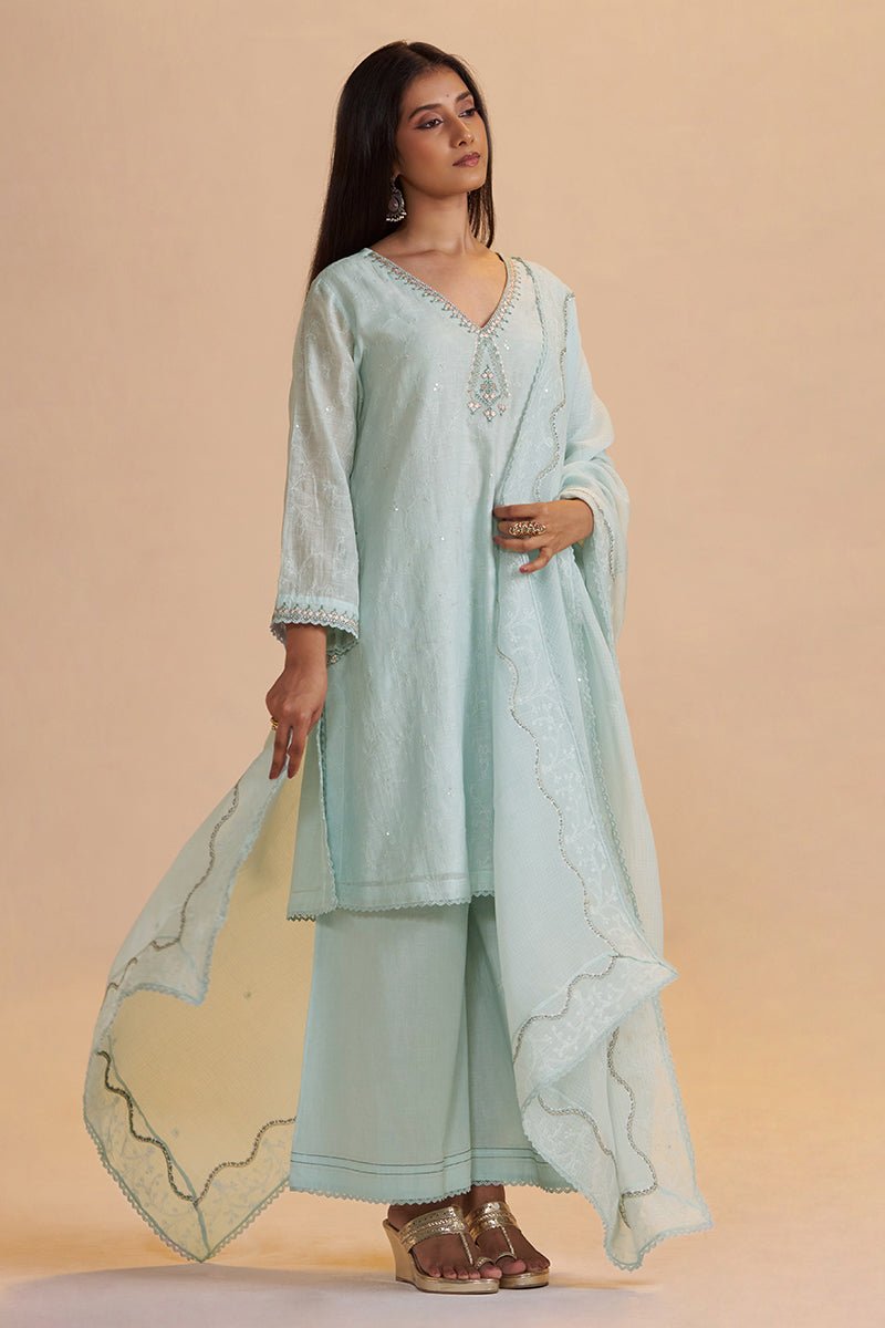 Misty Blue Chanderi Festive Kurta Set - Ganga Fashions