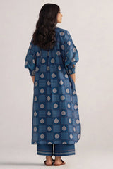 back side view Morroccan Blue Anar Print Mul-Chanderi Co-ord Set