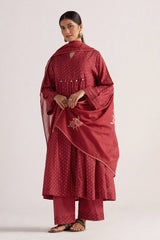 Garnet Red Bandhani Print Mul Chanderi Kurta Set