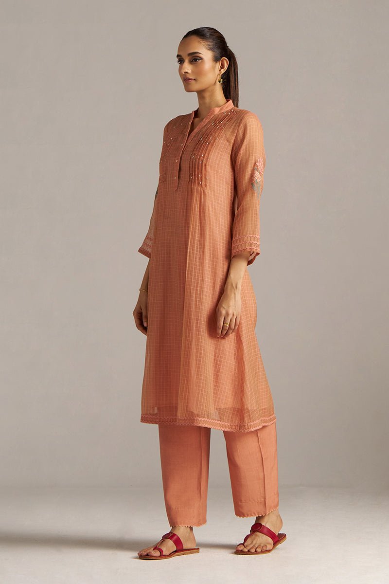 Canyon Clay Woven Chanderi Checks Co-ord Set