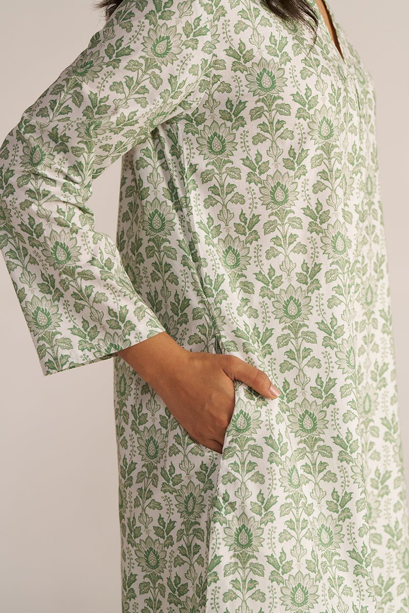 Light Grass Green and White Cotton Kurta