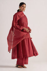Garnet Red Bandhani Print Mul Chanderi Kurta Set