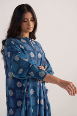 right hand side view Morroccan Blue Anar Print Mul-Chanderi Co-ord Set