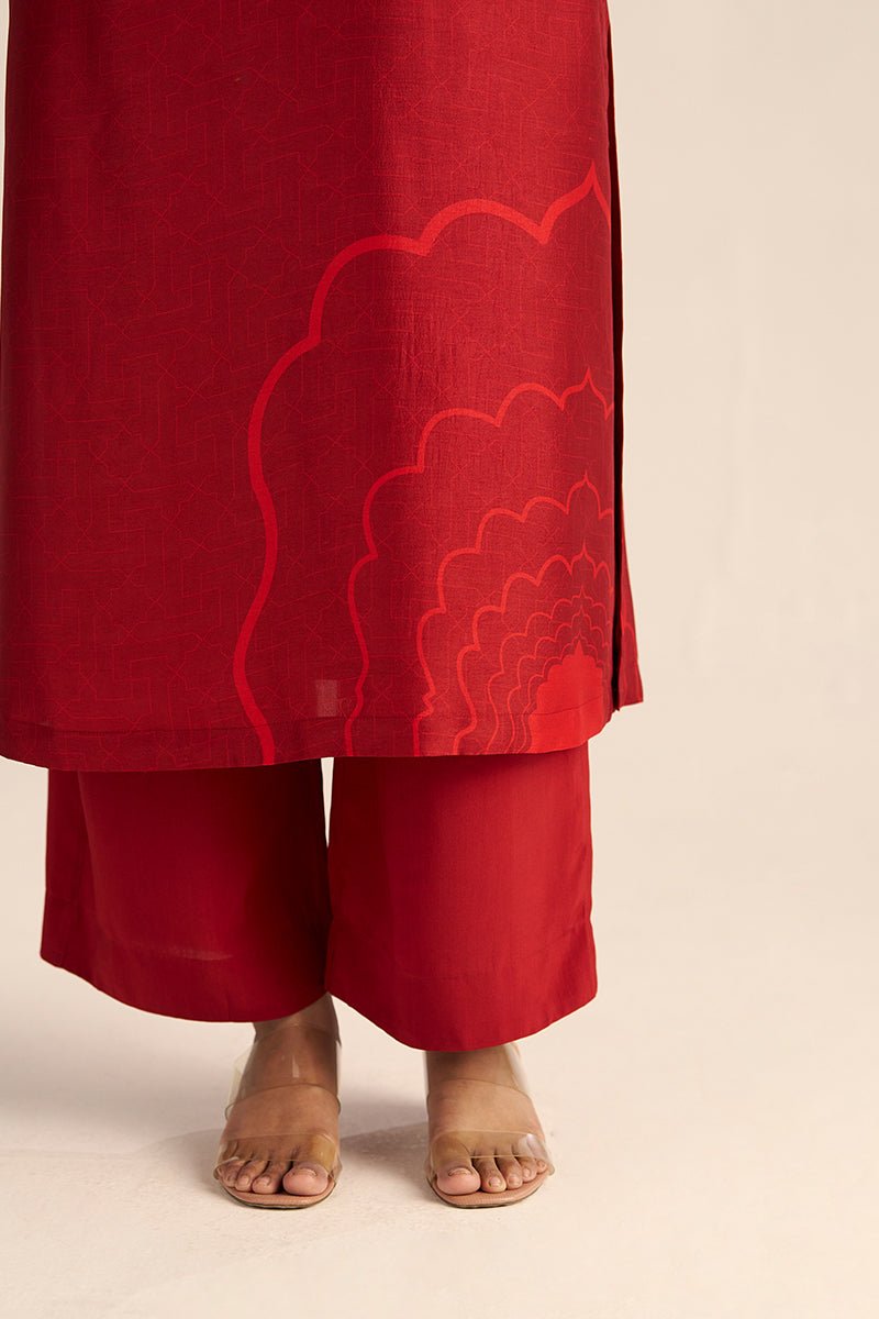 leg side view Chilli Pepper Silk Co-ord Set with Bold Embroidery