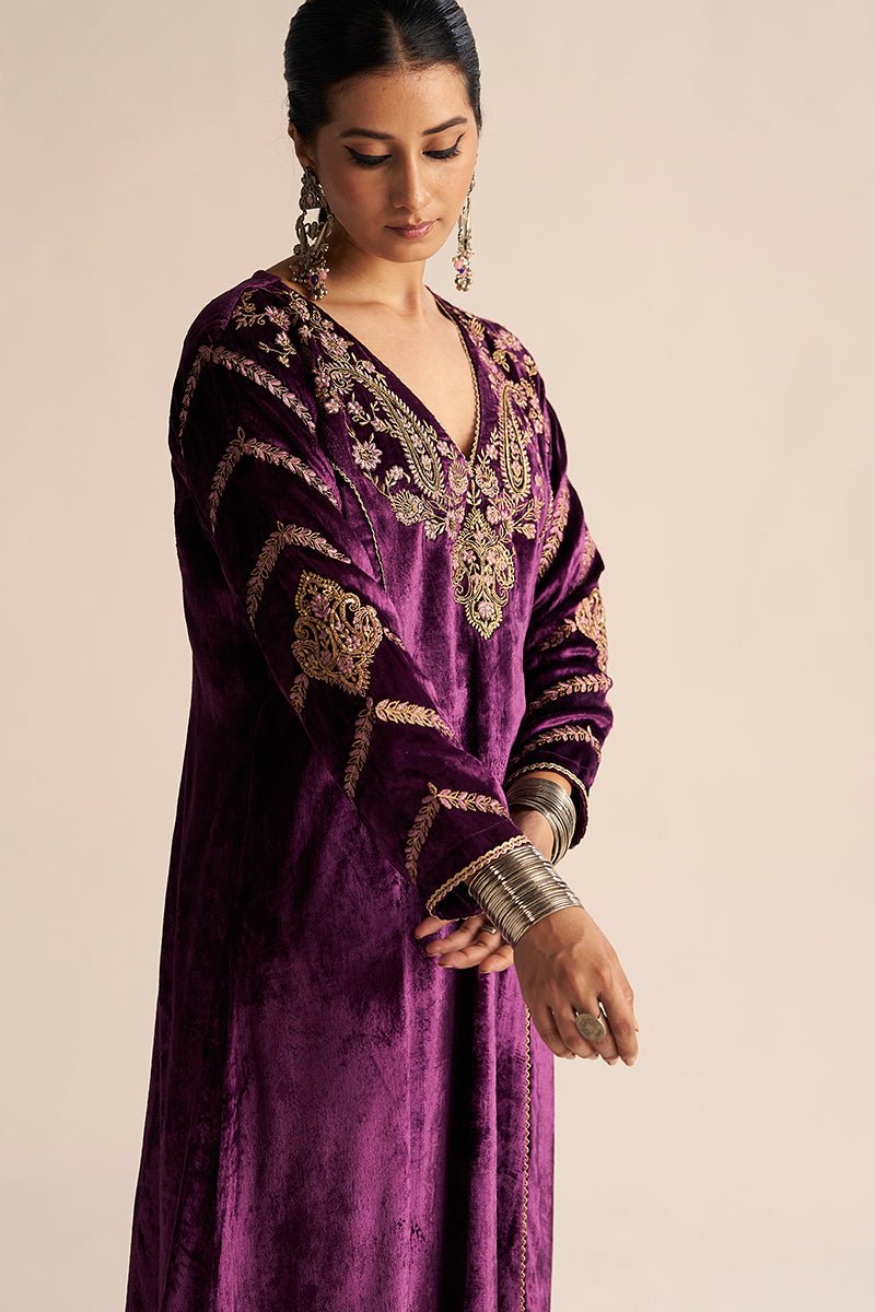 Front Right hand Imperial Purple Velvet Festive Kurta Set
