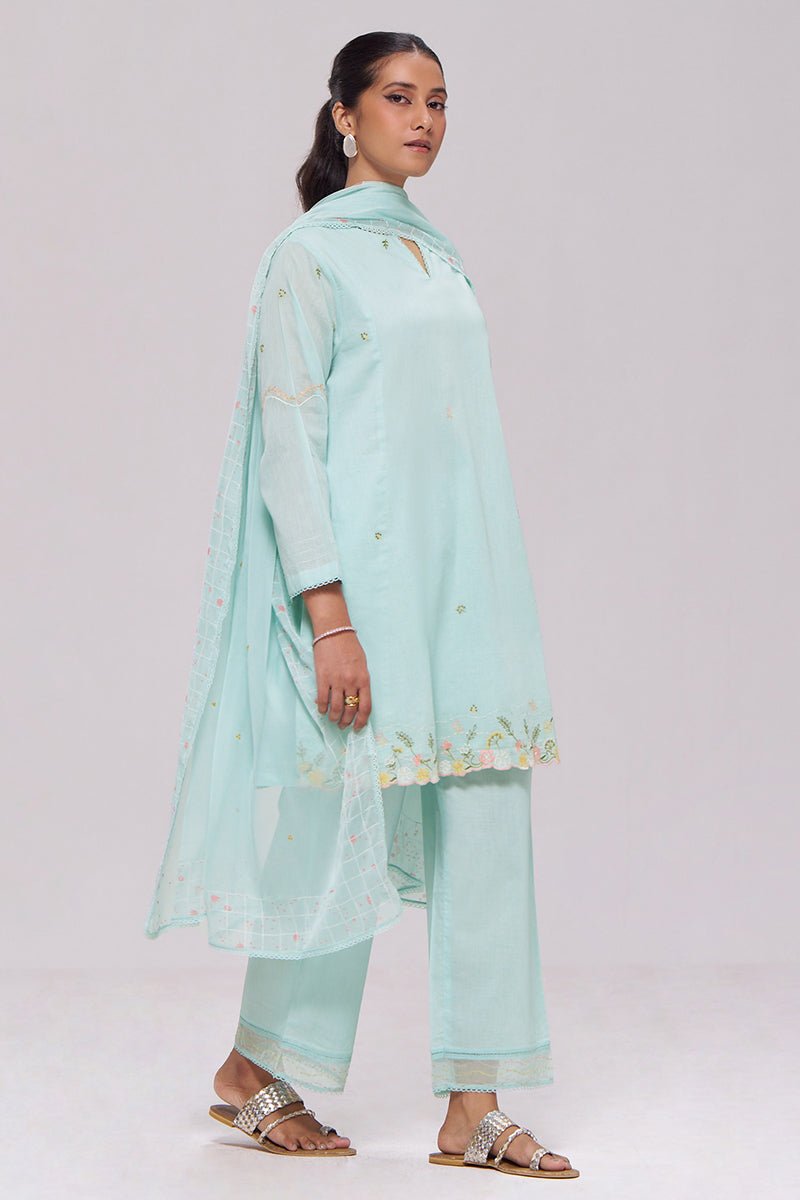 Ice-Blue Mul-Chanderi Kurta Set