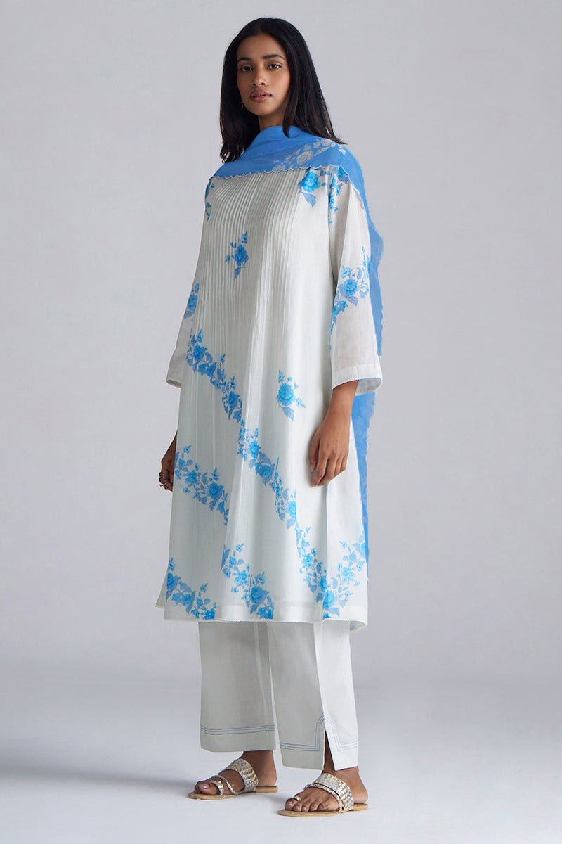 Azure Blue and Dull White Mul-Mul Kurta Set