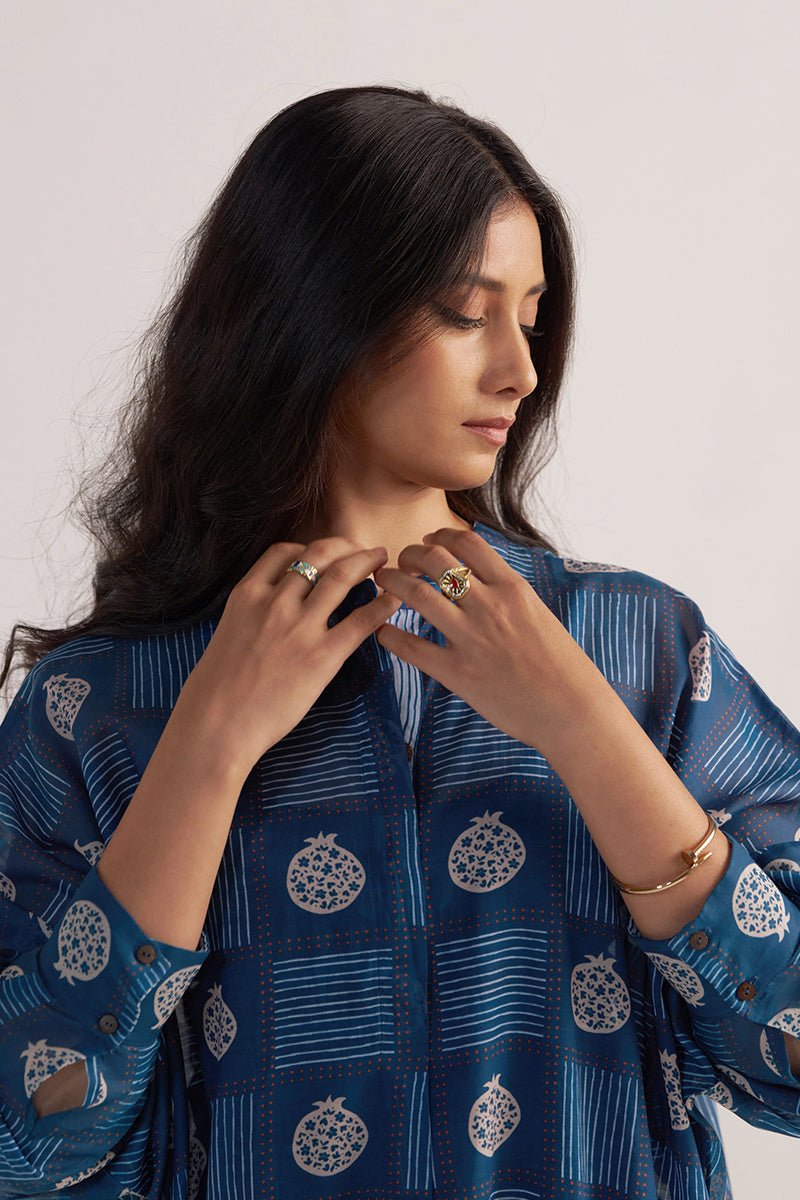 fornt view Morroccan Blue Anar Print Mul-Chanderi Co-ord Set