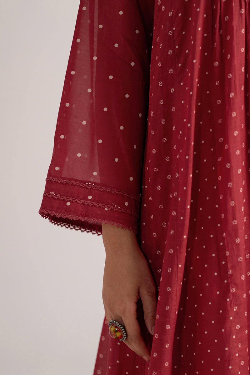 Garnet Red Bandhani Print Mul Chanderi Kurta Set