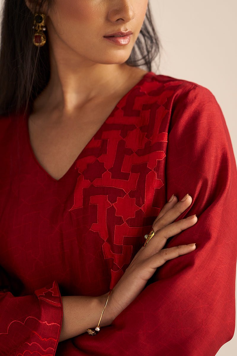 body zoom view Chilli Pepper Silk Co-ord Set with Bold Embroidery