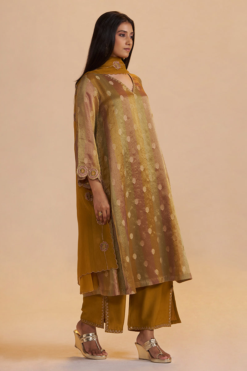 Mustard and Brown Zari Woven Festive Kurta Set