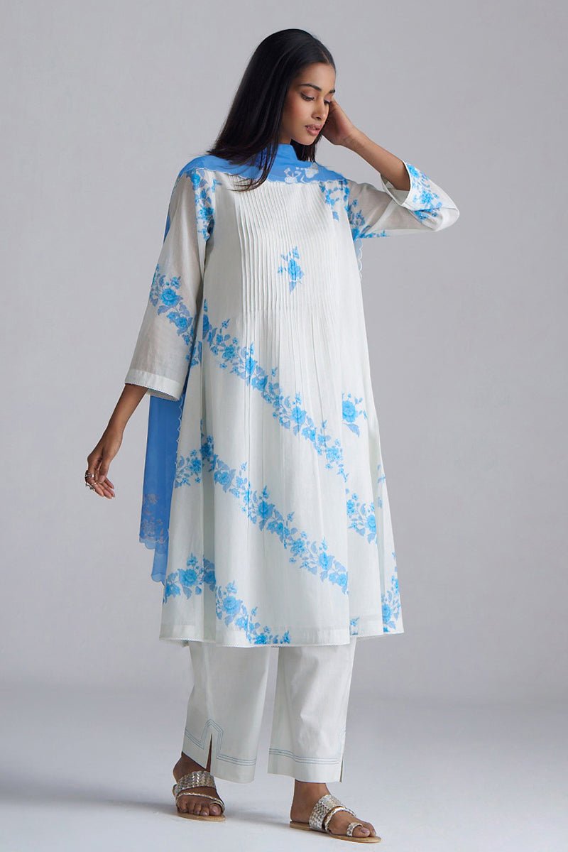 Azure Blue and Dull White Mul-Mul Kurta Set