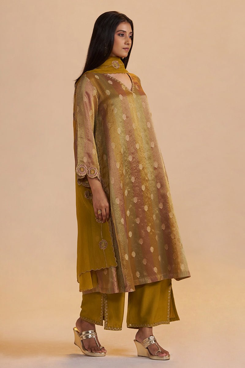 Mustard and Brown Zari Woven Festive Kurta Set - Ganga Fashions