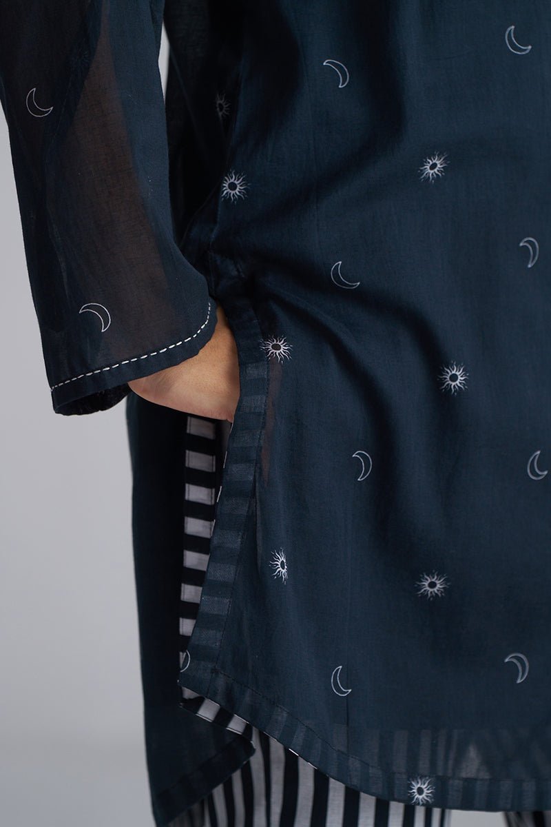 Navy blue garment with celestial pattern on a plain background | Black & White Mul Mul Co-ord Set for Women | Ganga Fashions