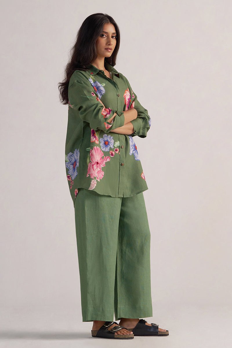 right side view Green Pure Linen Co-ord Set