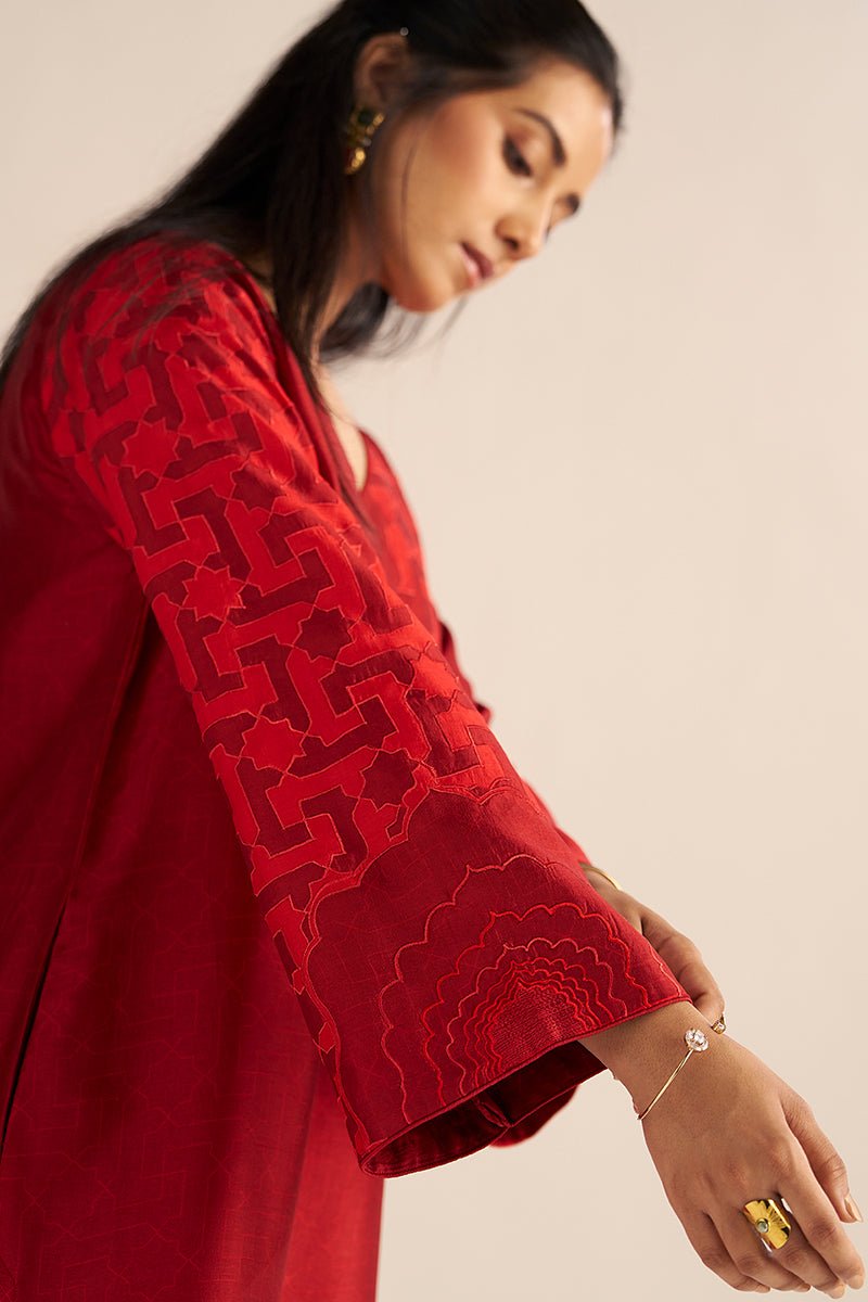 right hand view Chilli Pepper Silk Co-ord Set with Bold Embroidery