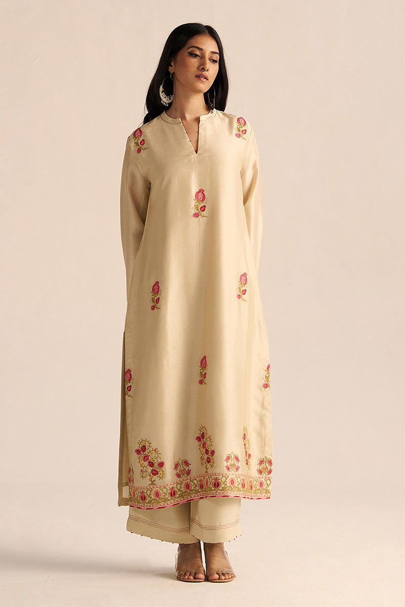 Mascarpone Cream Raw Silk Embroidered Co-ord Set