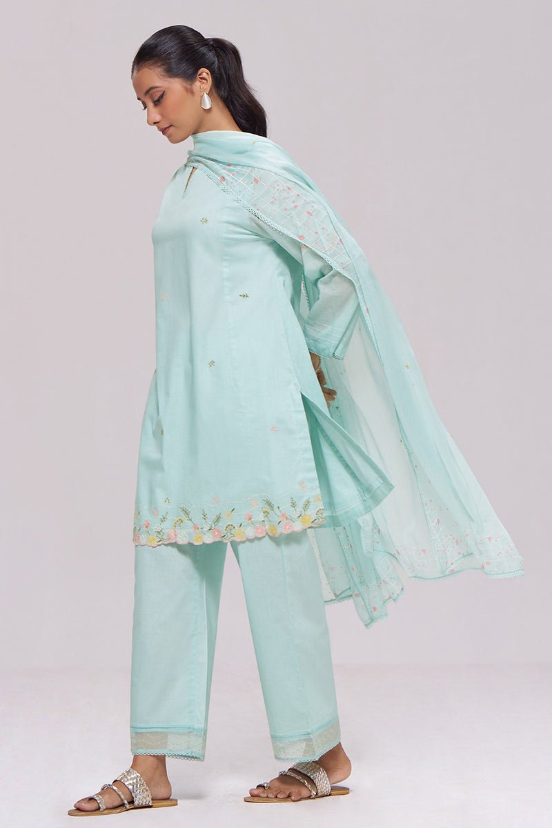 Ice-Blue Mul-Chanderi Kurta Set - Ganga Fashions