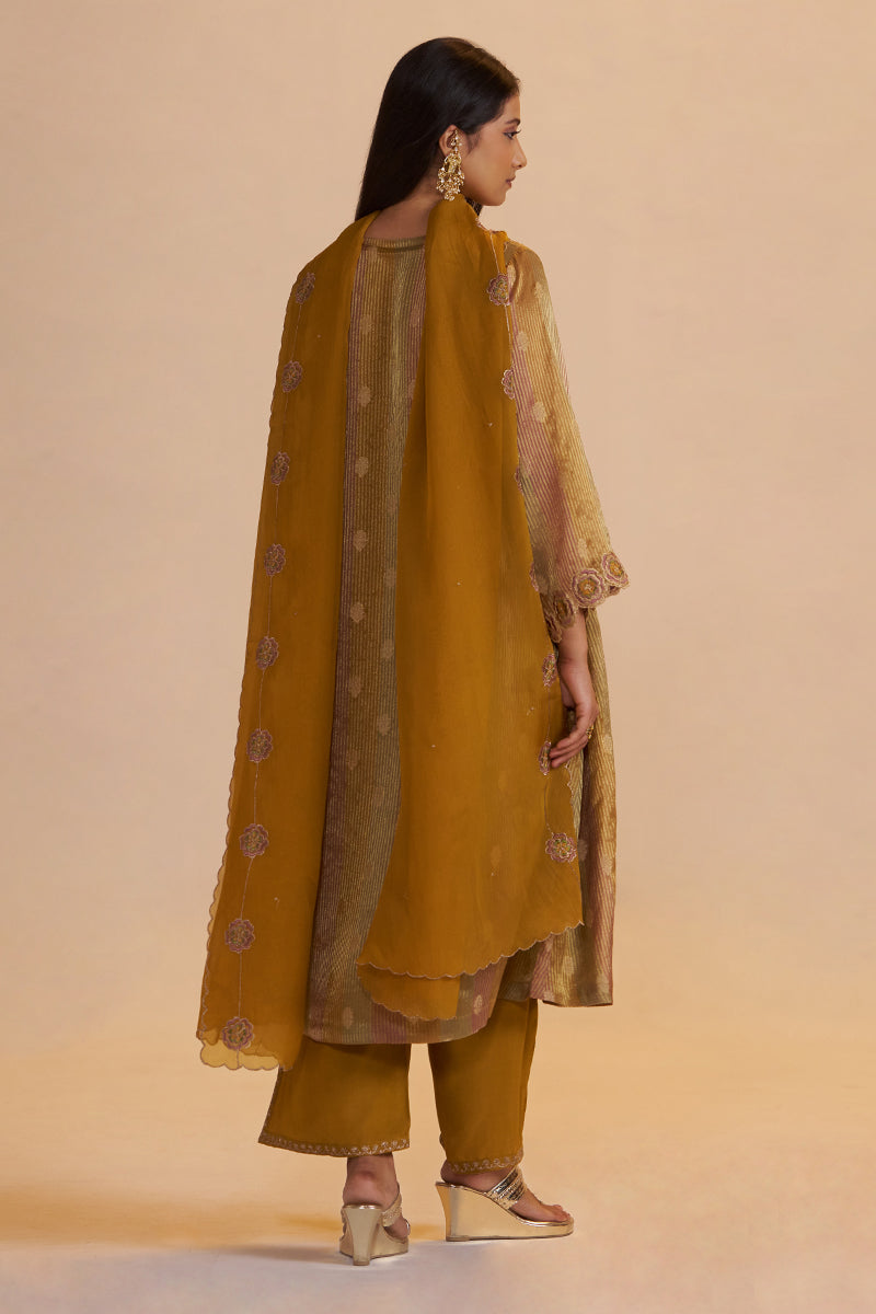 Mustard and Brown Zari Woven Festive Kurta Set