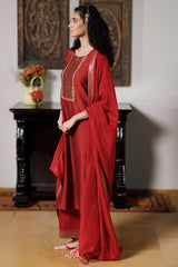 Deep Red Silk Festive Kurta Set