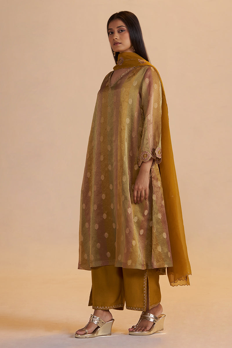 Mustard and Brown Zari Woven Festive Kurta Set