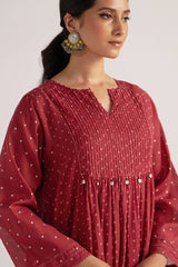 Garnet Red Bandhani Print Mul Chanderi Kurta Set