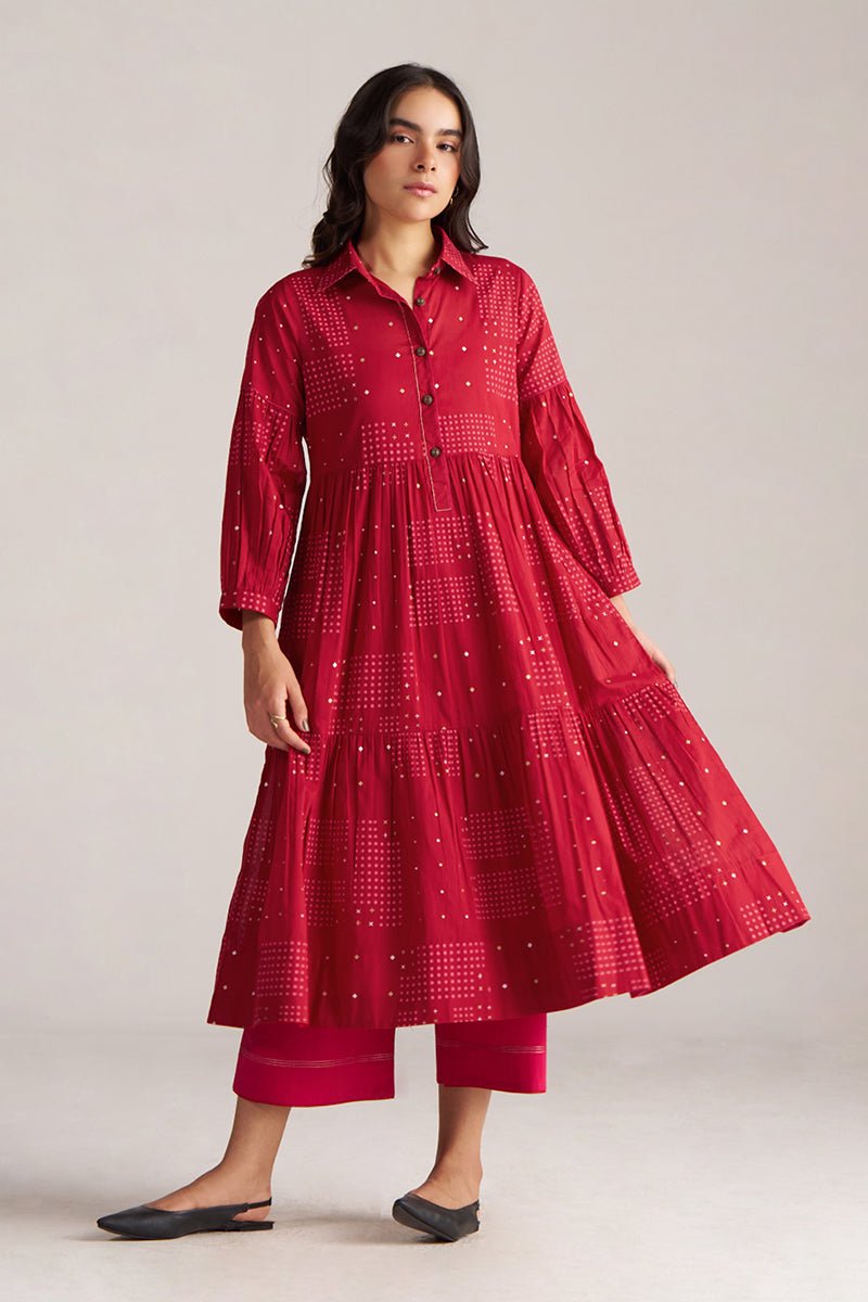 front side model view Samba Red & Beetroot Purple Cotton Co-ord Set