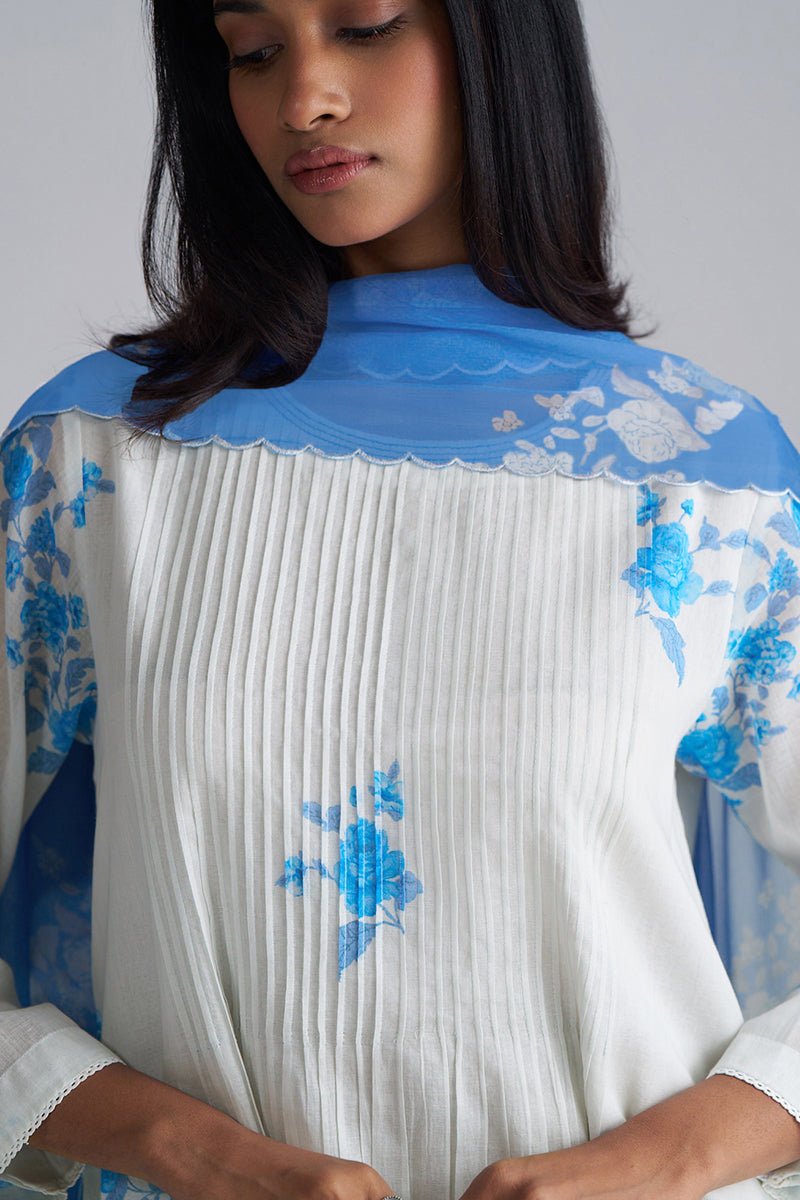 Azure Blue and Dull White Mul-Mul Kurta Set