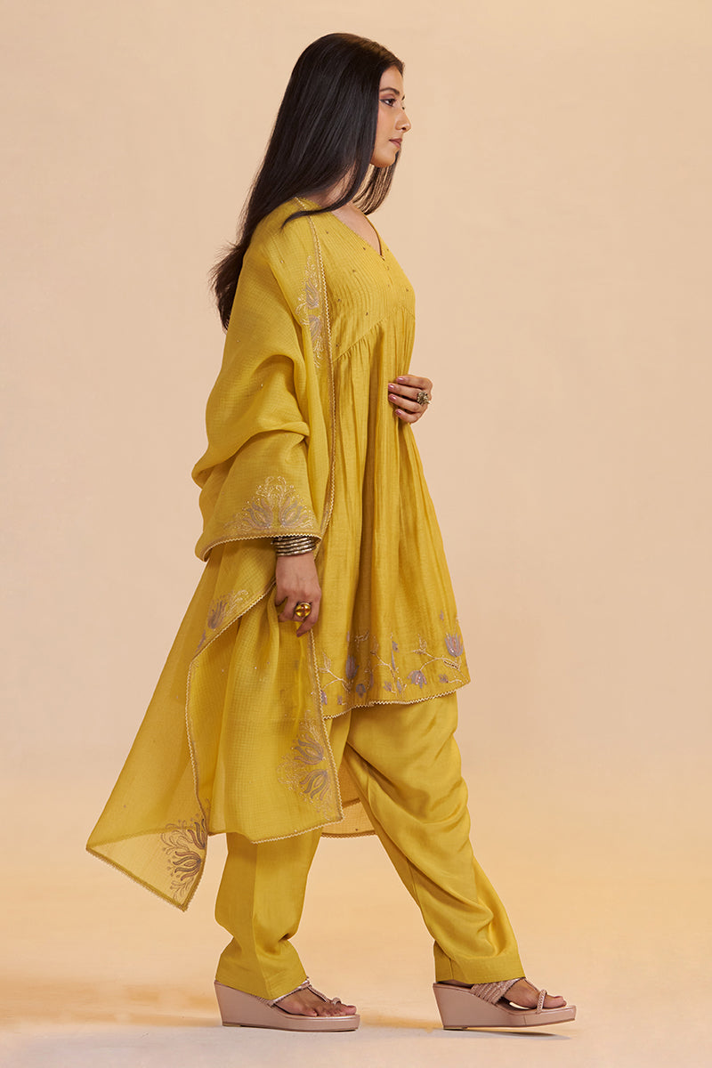 Mustard Yellow Chanderi Kurta Set