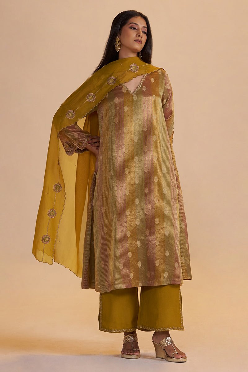 Mustard and Brown Zari Woven Festive Kurta Set - Ganga Fashions