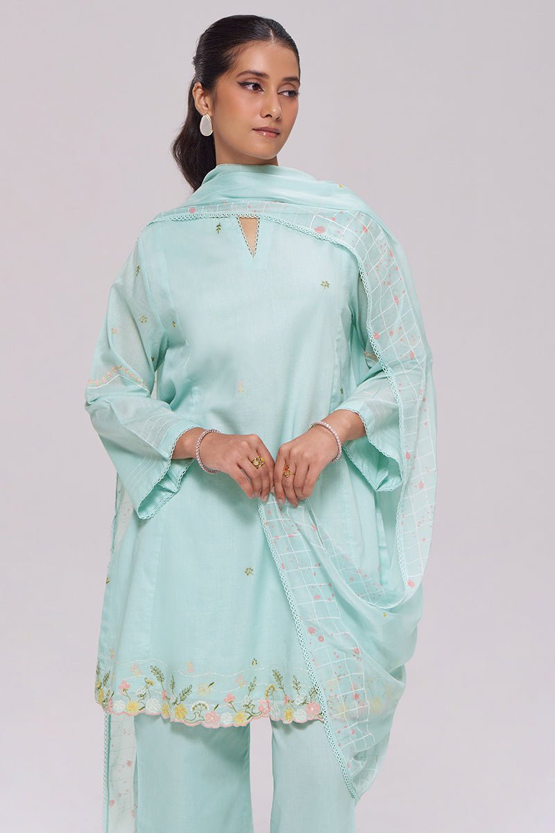 Ice-Blue Mul-Chanderi Kurta Set - Ganga Fashions