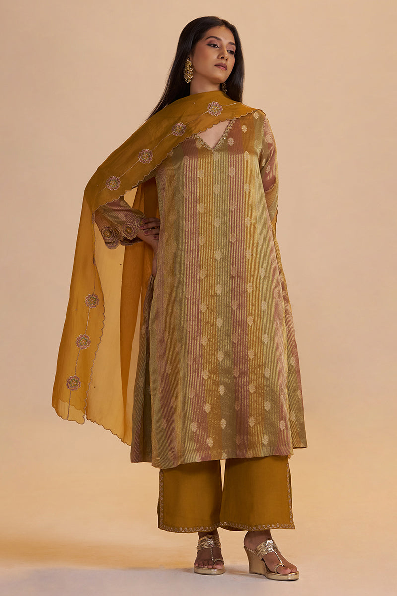 Mustard and Brown Zari Woven Festive Kurta Set