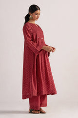 Garnet Red Bandhani Print Mul Chanderi Kurta Set