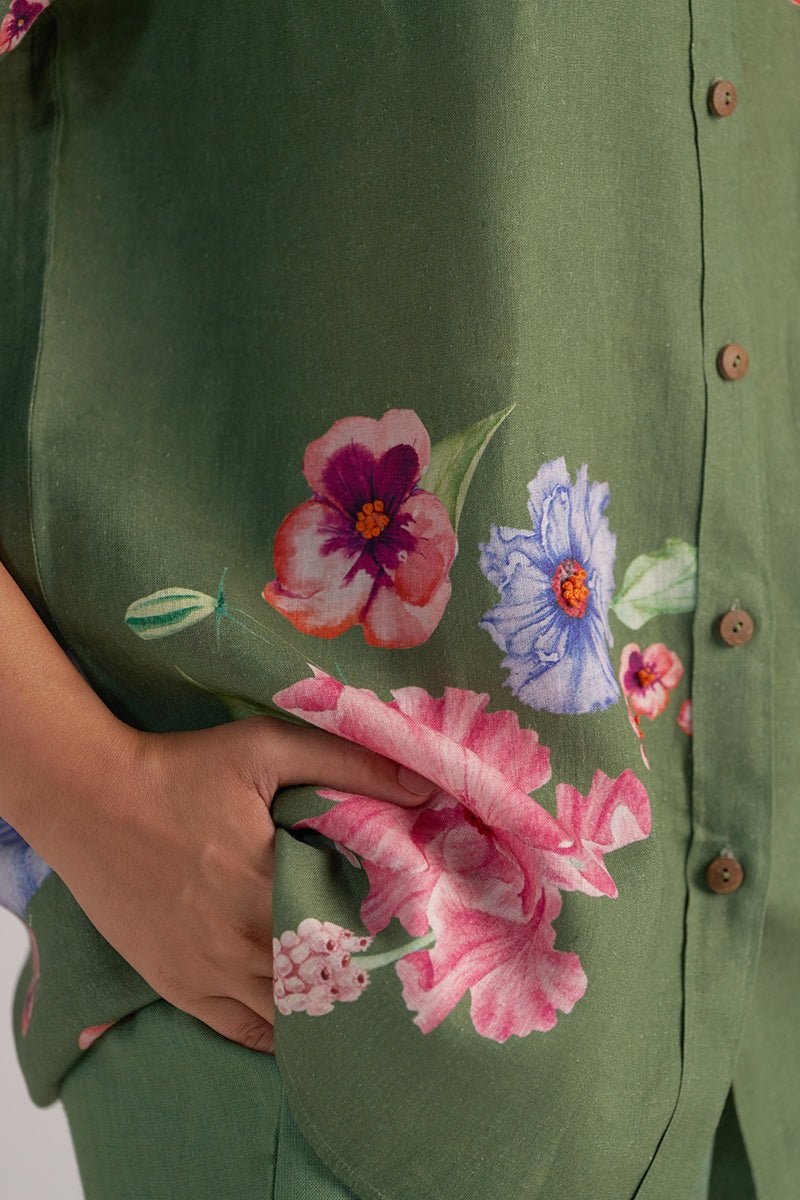 right hand side pocket view Green Pure Linen Co-ord Set