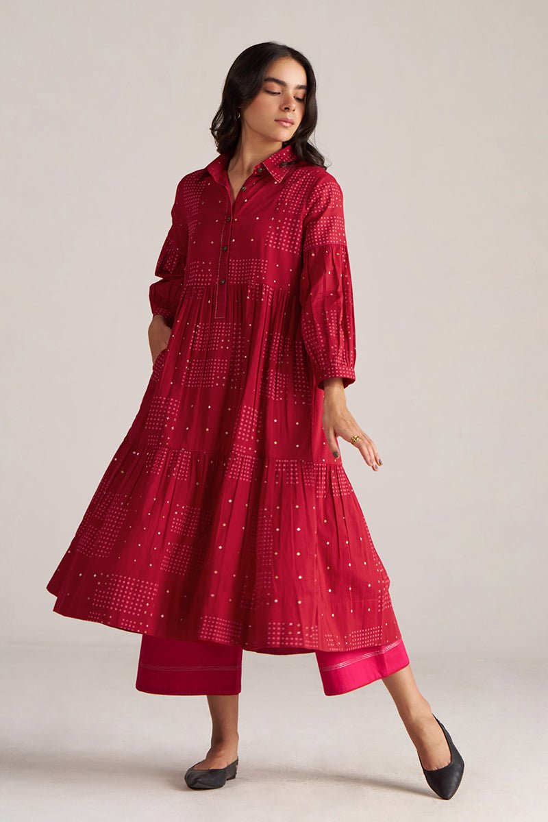front full body model view Samba Red & Beetroot Purple Cotton Co-ord Set