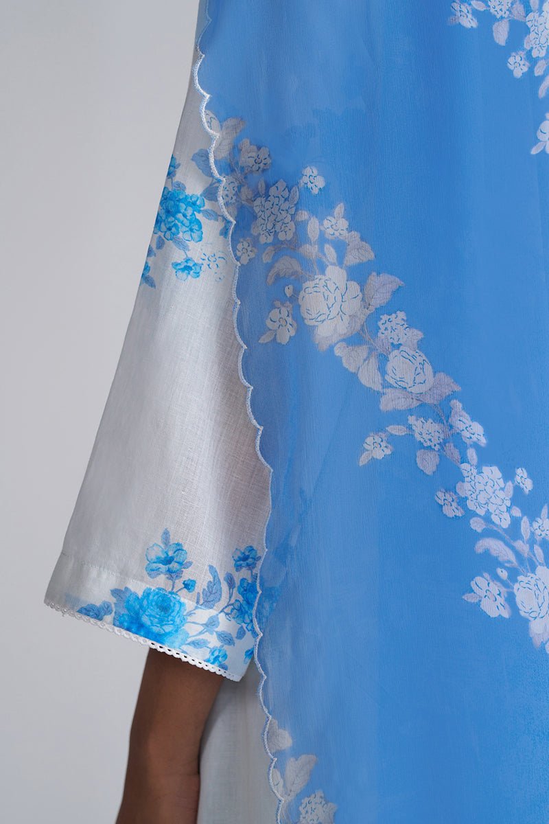 Azure Blue and Dull White Mul-Mul Kurta Set