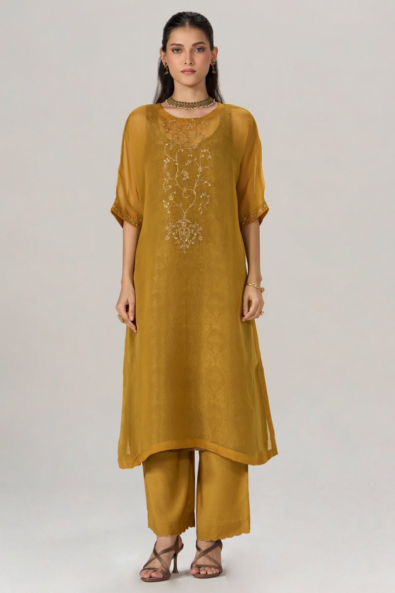 Mustard and Brown Sheer Kurta with Brocade Festive Co-ord Set - Ganga Fashions