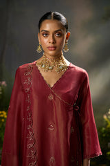Rumba Red Tissue Silk Angrakha Festive Kurta Set