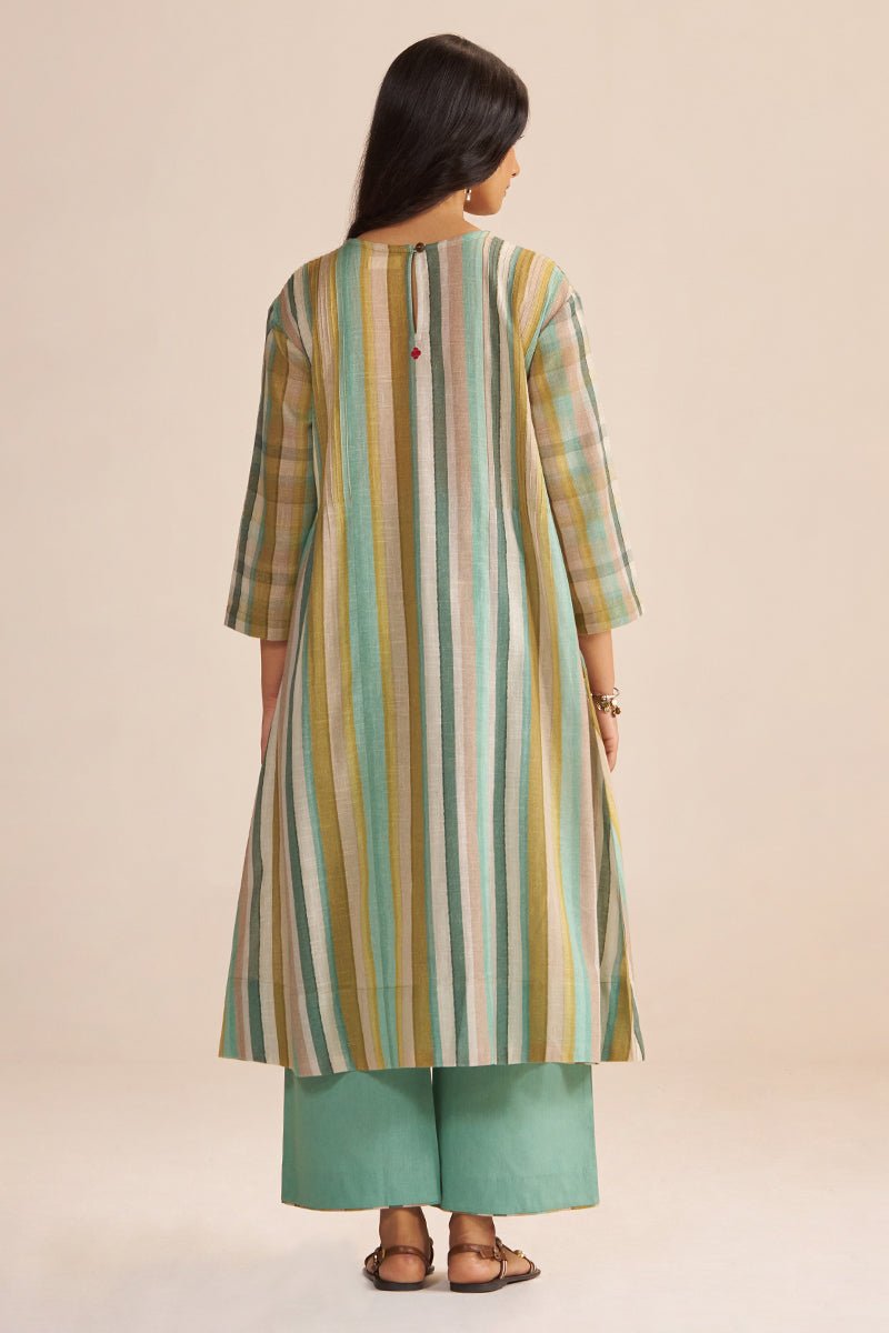 Shades of Teal and Green Stripe Cotton-Linen Co-ord Set - Ganga Fashions