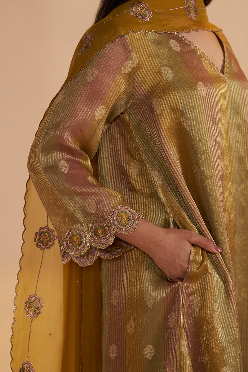 Mustard and Brown Zari Woven Festive Kurta Set