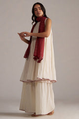 Ivory and Maroon Pure Chanderi Kurta Set