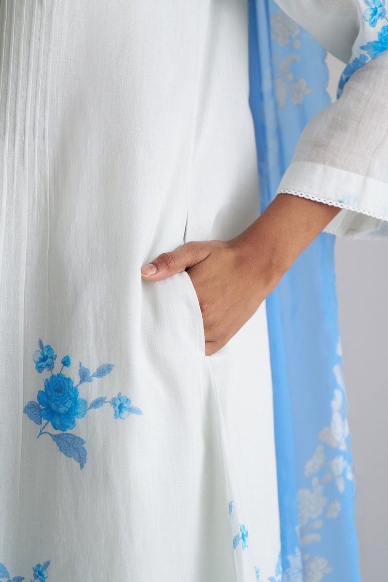 Azure Blue and Dull White Mul-Mul Kurta Set
