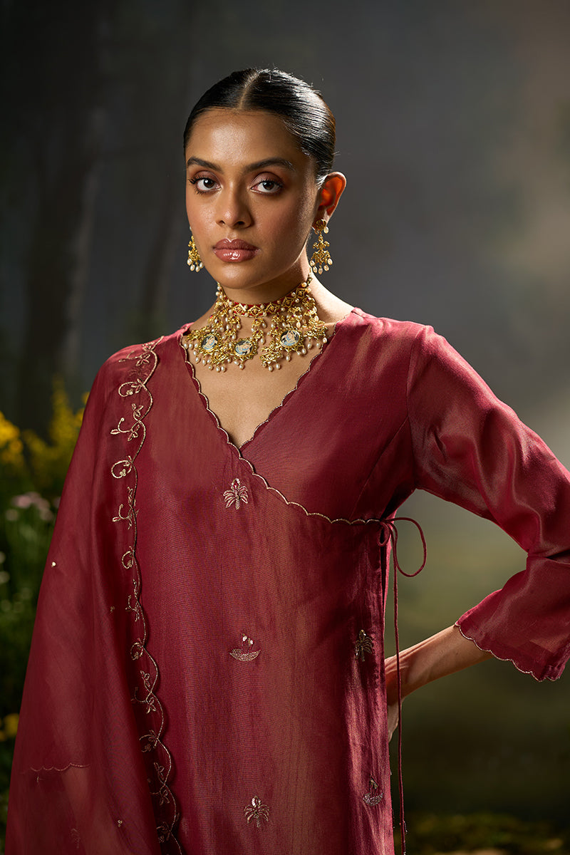 Rumba Red Tissue Silk Angrakha Festive Kurta Set