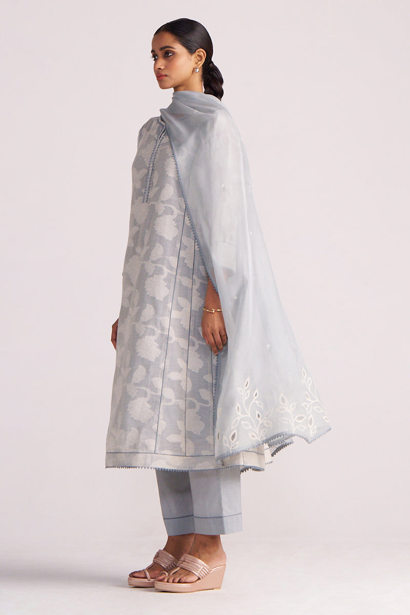 Woman wearing a Grey Woven Pheran Kurta Set on a white background