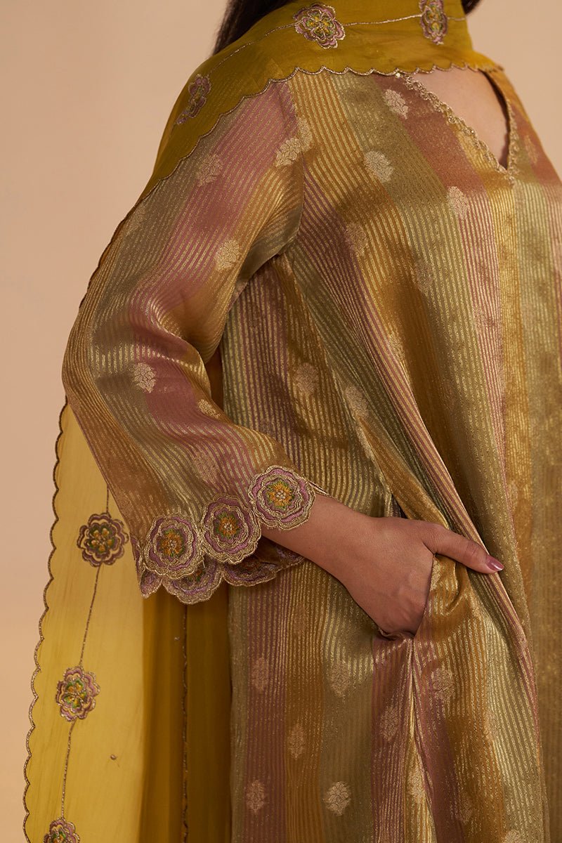 Mustard and Brown Zari Woven Festive Kurta Set - Ganga Fashions