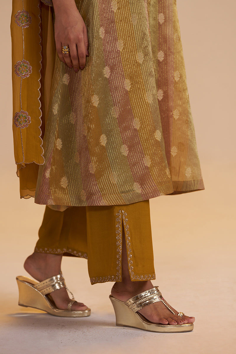 Mustard and Brown Zari Woven Festive Kurta Set