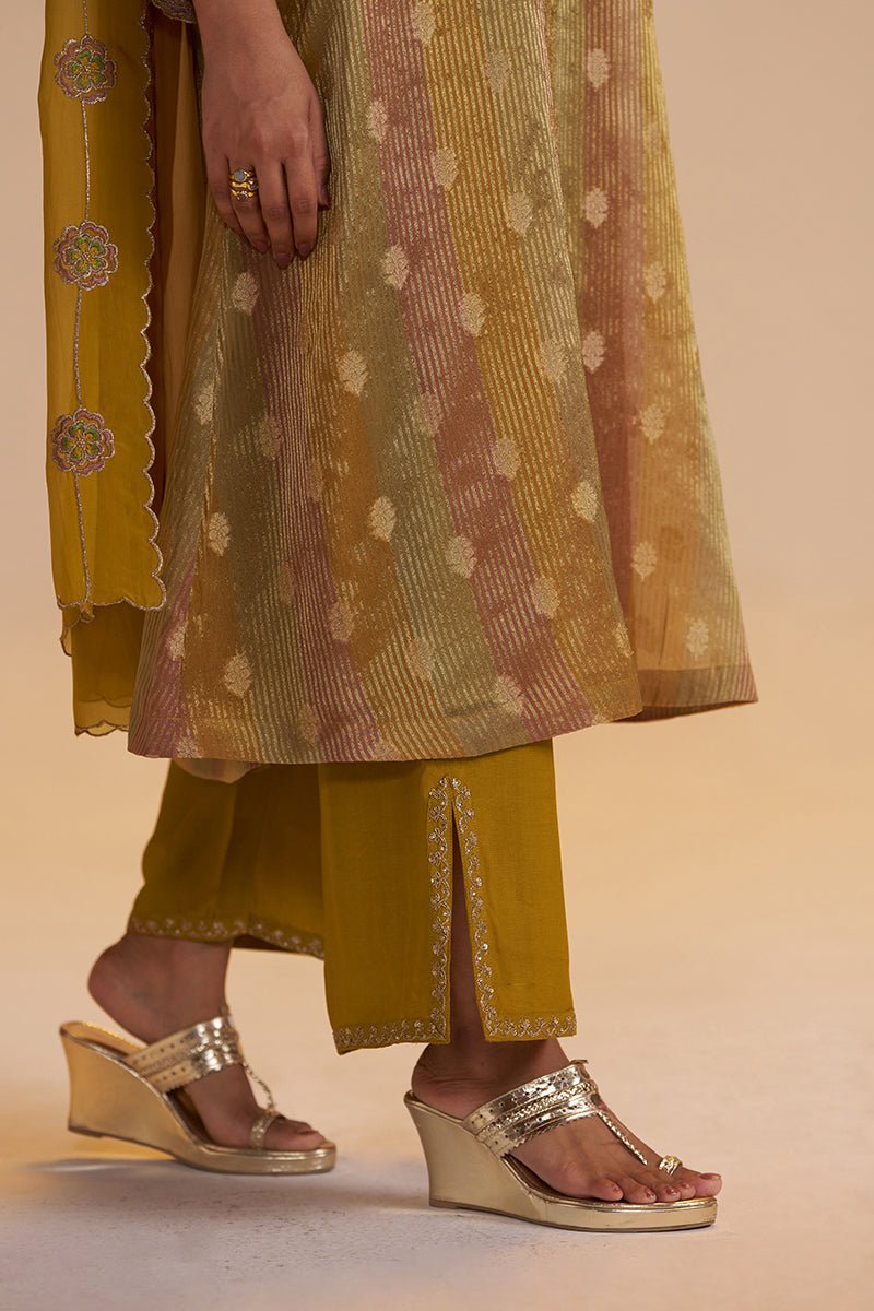 Mustard and Brown Zari Woven Festive Kurta Set - Ganga Fashions