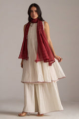 Ivory and Maroon Pure Chanderi Kurta Set